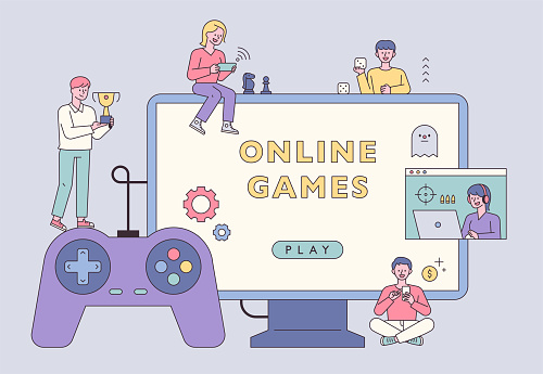 People are playing online games around giant computers. vector design illustrations.