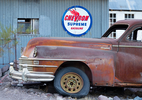 Searchlight, NV, USA - November 24, 2020:  Rusty Car Wreck, Junkyard.