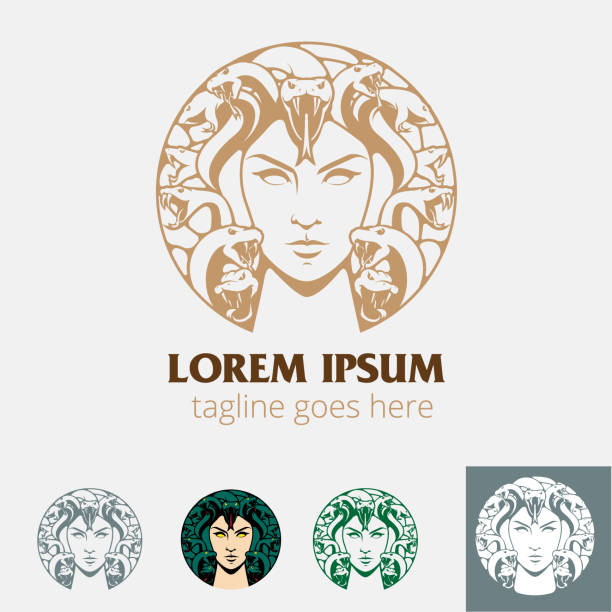 ilustraciones, imágenes clip art, dibujos animados e iconos de stock de insignia del círculo medusa - gorgon