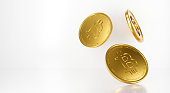 Bitcoin business. Bank money gold coins falling isolated on white background scene. 3d rendering of bit coin BTC or blockchain technology concept. Cryptocurrency or crypto currency symbol.