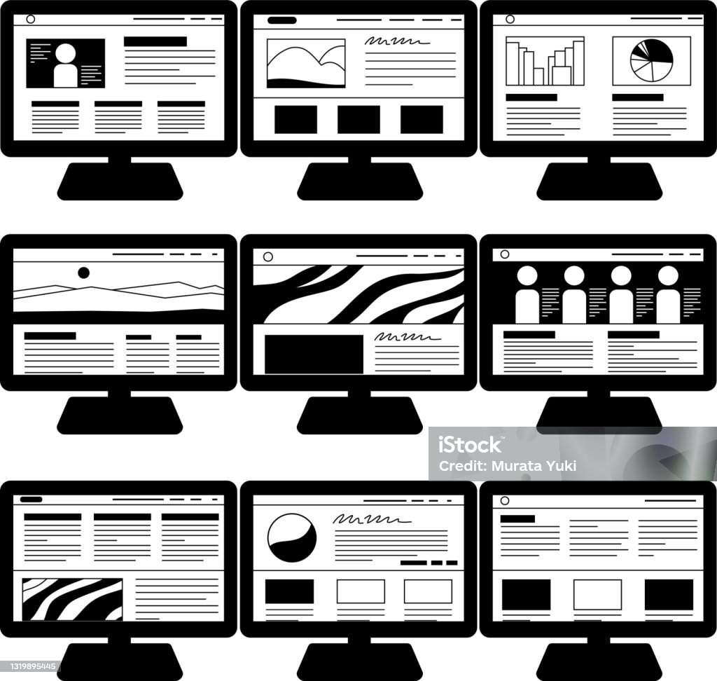 Computer Website View Monochrome Website Screen View With Pc Set Stock Illustration ...