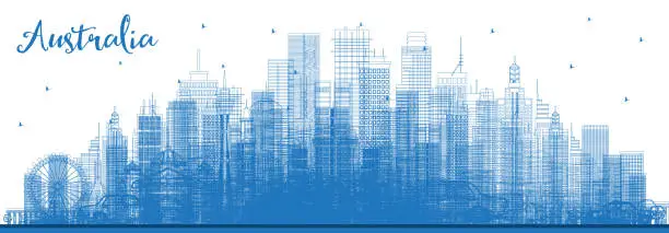 Vector illustration of Outline Australia City Skyline with Blue Buildings.