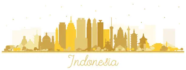 Vector illustration of Indonesia Cities Skyline Silhouette with Golden Buildings Isolated on White.