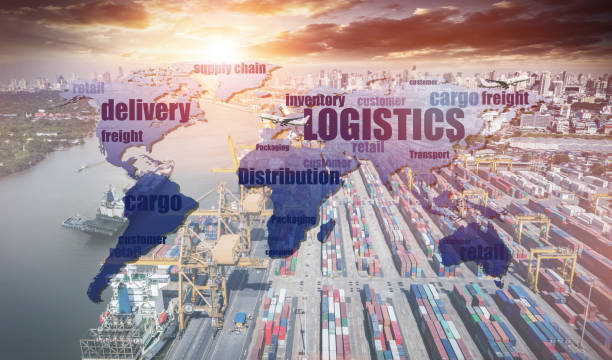 World map with logistic network distribution on background. Logistic and transport concept in front Logistics Industrial Container Cargo freight ship for Concept of fast or instant shipping, Online goods orders worldwide mapa del mundo con distribución de red logística en segundo plano. concepto logístico y de transporte en el buque de carga logistics industrial container cargo para concepto de envío rápido o instantáneo, pedidos de mercancías en línea en todo el m