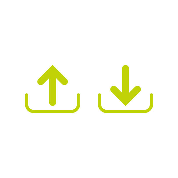 Green arrows in box. up and down. flat icons set isolated on white. point down button. south sign. Green arrows in box. up and down. flat icons set isolated on white. point down button. south sign. Upload icon. Upgrade. download, share jib stock illustrations