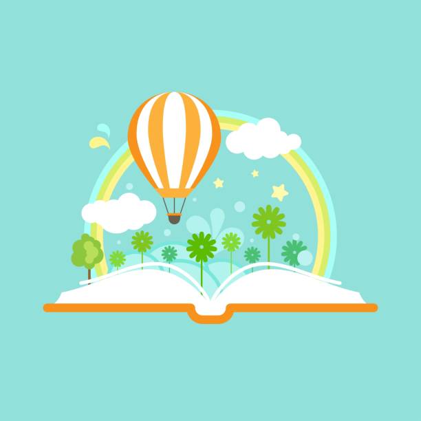 istock Open book with air balloon, clouds, rainbow and flowers. Isolated on blue background. 1319901535