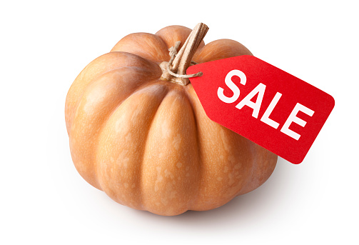 Sale. Pumpkin with label isolated on white background.