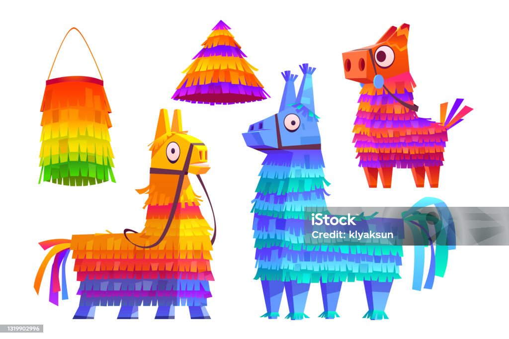Piñatas mexicanas burro y llama, juguetes coloridos - arte vectorial de Piñata libre de derechos