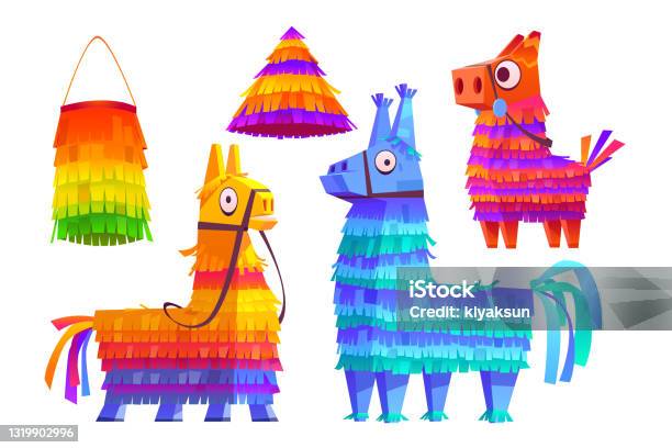 Ilustración de Piñatas Mexicanas Burro Y Llama Juguetes Coloridos y más Vectores Libres de Derechos de Piñata