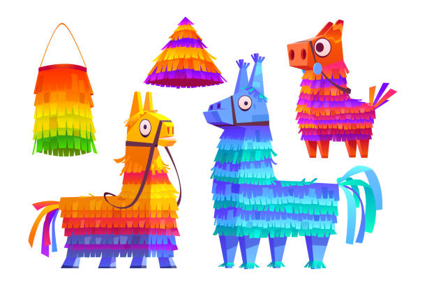 Mexican pinatas donkey and llama, colorful toys Mexican pinatas donkey and llama, colorful toys with treats for child birthday, party celebration, carnival or fiesta, cute animals paper containers for candies, Cartoon vector illustration, icons set mexico poland stock illustrations