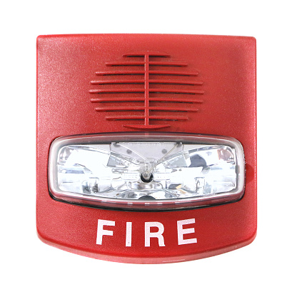 Modern commercial fire alarm equipment with audio alarm and strobe light