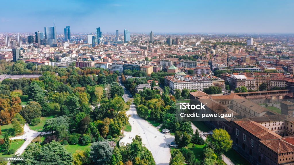 Aerial view of Milan city with Sempione park, Italy Aerial view of Milan, Italy Milan Stock Photo
