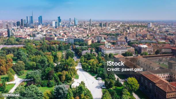 Aerial View Of Milan City With Sempione Park Italy Stock Photo - Download Image Now