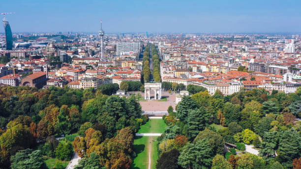 aerial view of milan city with arco della pace arch , italy - milan italy italy castello sforzesco color image imagens e fotografias de stock