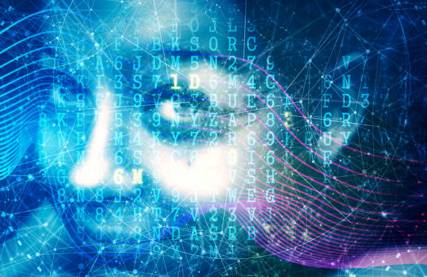 istock Face of woman with digital matrix. Connected lines with dots 1319909467