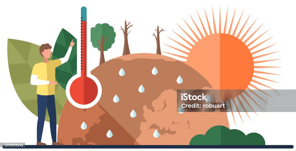 Der Mensch zeigt auf ein Thermometer, das die Temperatur der Luft auf dem Planeten misst. Erde erderwärmung Plakat - Lizenzfrei Klimawandel Vektorgrafik