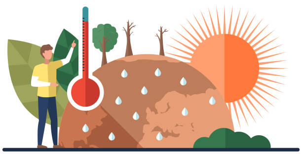 Man points to thermometer measuring temperature of air on planet. Earth global warming poster Earth global warming poster. Dried, hot, sweaty and red planet globe. Man points to thermometer measuring temperature of air and water on planet. Saving Earth and environmental care concept climate change stock illustrations