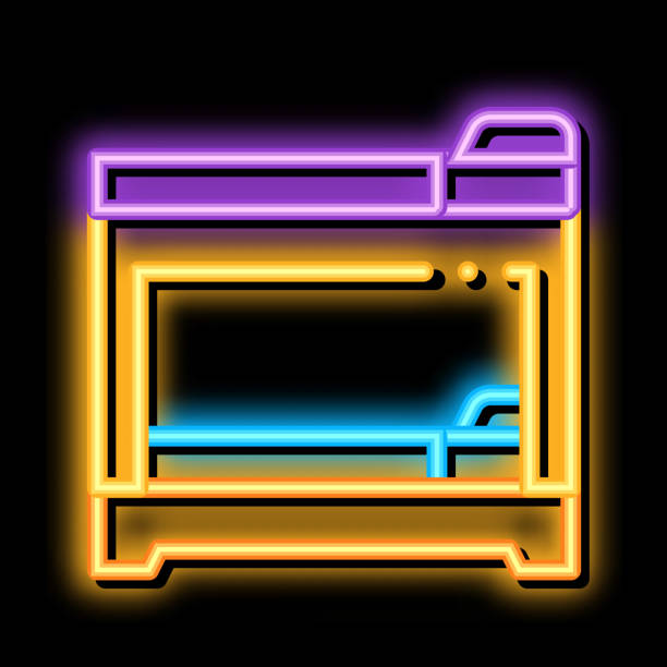 ilustrações de stock, clip art, desenhos animados e ícones de bunk bed sleeping time neon glow icon illustration - hotel room bed silhouette lamp