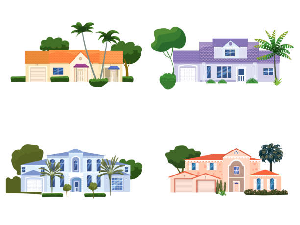세트 맨션 주거 주택 건물, 열대 나무, 야자수. 하우스 외관 정면 외관 은 현대적인 현대적인 코티지 주택 또는 아파트, 빌라를 가족 건축 양식으로 볼 수 있습니다. 교외 숙소 - palm tree florida house residential district stock illustrations