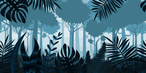 джунгли тропический лес пейзаж горизонтальной бесшовные фон для игр приложений, дизайн. листья природы, леса, деревья, кустарники, флора, ве - amazonia stock illustrations
