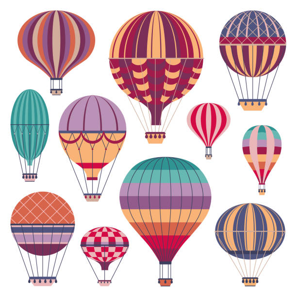 illustrazioni stock, clip art, cartoni animati e icone di tendenza di icone di palloncini d'aria a strisce vintage in piano - mongolfiera