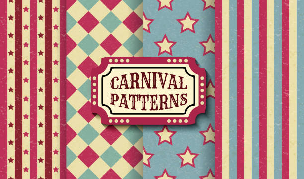 ilustrações de stock, clip art, desenhos animados e ícones de set of carnival retro vintage seamless patterns. textured old fashioned circus wallpaper templates. collection of vector texture background tiles. for parties, birthdays, decorative elements. - burlesco