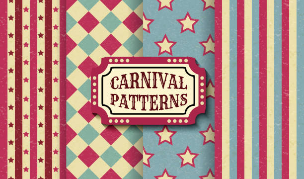 Set of carnival retro vintage seamless patterns. Textured old fashioned circus wallpaper templates. Collection of vector texture background tiles. For parties, birthdays, decorative elements. Set of carnival retro vintage seamless patterns. Textured old fashioned circus wallpaper templates. Collection of vector background tiles. For parties, birthdays, decorative elements. burlesque stock illustrations