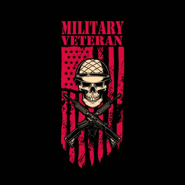 Vector illustration of Military veteran. Skull in army helmet with crossed assault rifles on american flag background. Design element for label, sign, emblem. Vector illustration