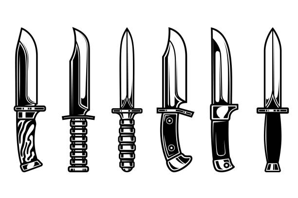 set von illustrationen von kampfmessern. design-element für label, zeichen, emblem, banner. vektor-illustration - weapon dagger hunting hunter stock-grafiken, -clipart, -cartoons und -symbole