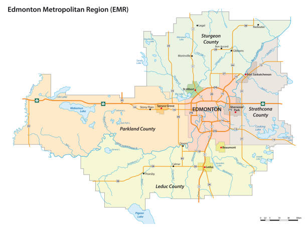 ilustraciones, imágenes clip art, dibujos animados e iconos de stock de mapa vectorial administrativo de la región metropolitana de edmonton, alberta, canadá - alberta map canada cartography