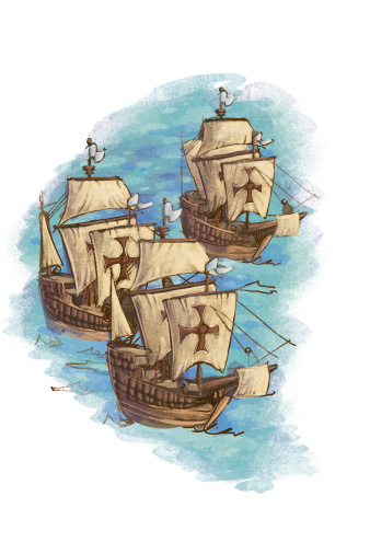 These are the three caravels of Christopher Columbus crossing the ocean. I made this illustration 3 years ago on a computer and I am the author of the work.