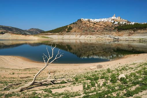 Iznajar swamp with drought due to lack of rain in Cordoba Andalusia, Spain.