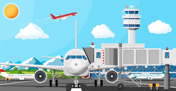 самолет перед взлетом - air traffic control tower airport runway air travel stock illustrations