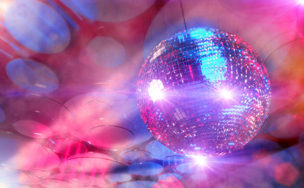 Music club background with shining disco ball. Party background with strobes, fog, lasers and shining blue and pink lights. Digital composite.