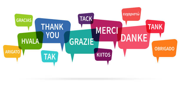 speech bubbles with text thanks in different languages EPS 10 vector illustration of colored speech bubbles row isolated on white background with greetings text " thanks " in different languages grateful stock illustrations