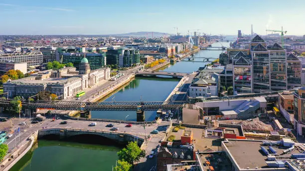 Dublin aerial view with Liffey river and Custom House