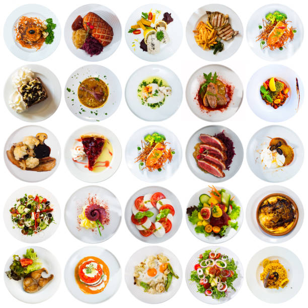 istock Collection of dishes on round plates 1319920336