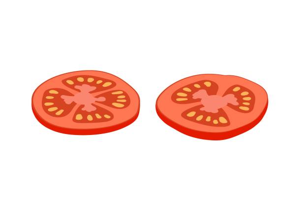 Two pieces of tomato. Isolated red colour tomato. Sliced tomato. Vector illustration isolated on white background. Flat design style for menu, cafe, restaurant, poster, banner, emblem, sticker Two pieces of tomato. Isolated red colour tomato. Sliced tomato. Vector illustration isolated on white background. Flat design style for menu, cafe, restaurant, poster, banner, emblem, sticker. tomato slice stock illustrations