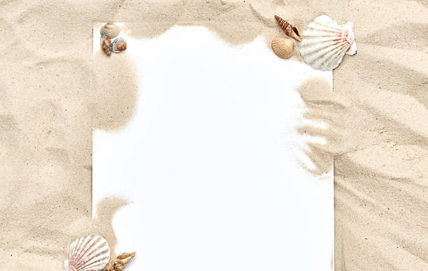 istock a white sheet of paper in the sand with shells 1319926050