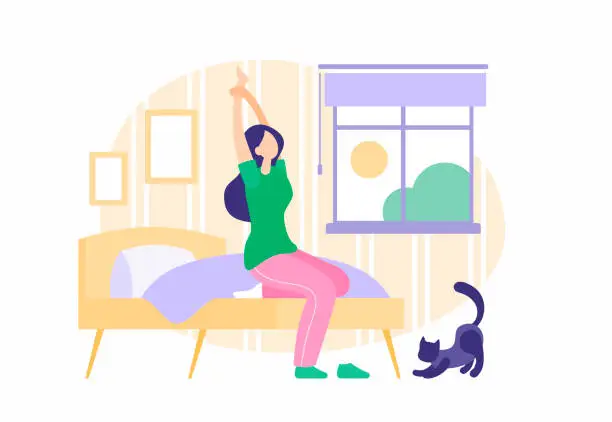 Vector illustration of Girl wakes up in morning. Sleepy young woman stretching while sitting bed in pajamas