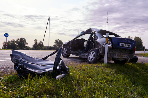 September 11, 2020, Bauska, Latvia: car after a collision with a heavy truck, transportation background