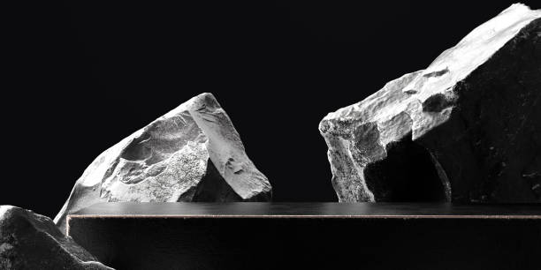 istock Black and white texture stone podium, piece of rocks abstract product placement 3d rendering background 1319930184