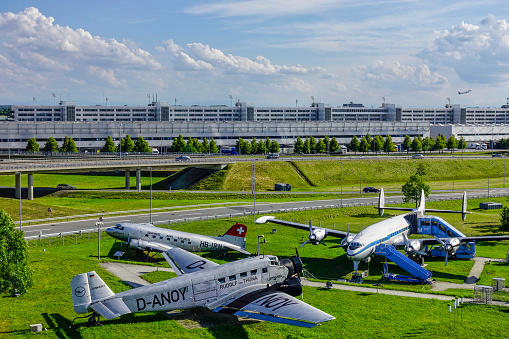 Historic aircraft on visitor Park at Munich Airport, Munich, Bavaria, Germany, 15. July 2014