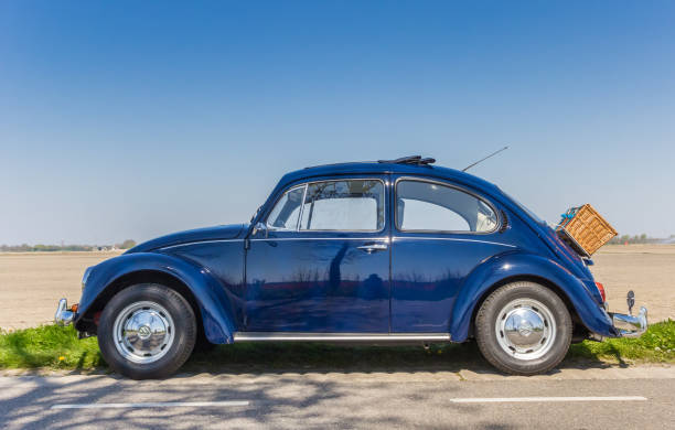 classic blue volkswagen beetle with a picknick basket on the back - beetle imagens e fotografias de stock