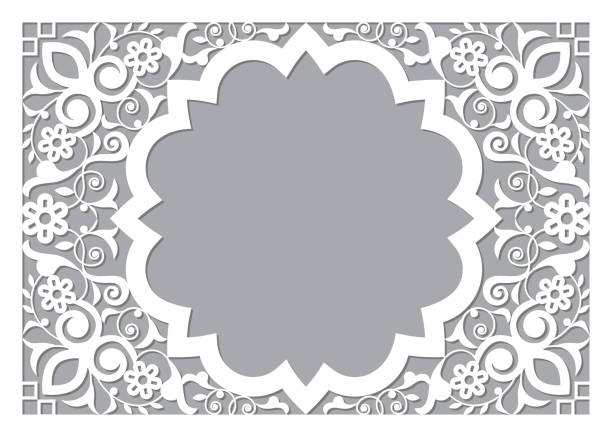 Moroccan retro carved mandala in rectangle frame inspired design with empty space for text, vector detailed arabic pattern with flowers, leaves and swirls - 5x7 format Marrakesh template decoration in white on gray, ornamental art from Morocco marrakech stock illustrations