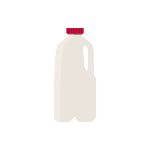 빨간 모자와 플라스틱 반 갤런 용기우유의 평평한 벡터 그림. 흰색 배경에 격리. - milk bottle 이미지 stock illustrations