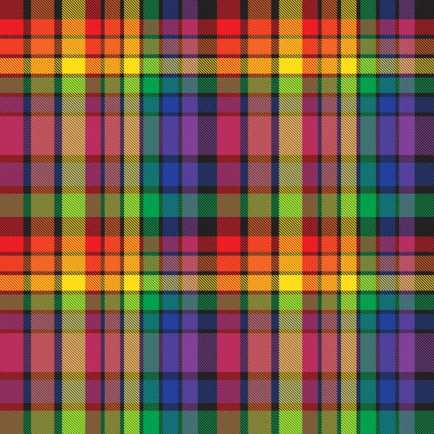 ilustrações de stock, clip art, desenhos animados e ícones de rainbow plaid tartan checkered seamless pattern - gay pride spectrum backgrounds textile