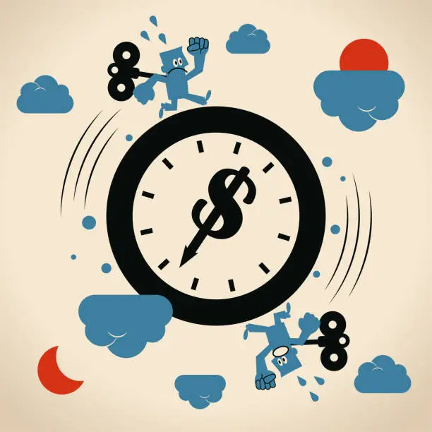 Vector illustration of Two blue men with a wind-up key on their back are running around a big clock with a Dollar sign hour hand (doing the same work, going around the circle) day after day