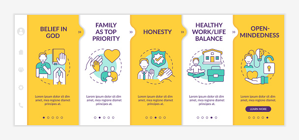 Personal morals onboarding vector template. Responsive mobile website with icons. Web page walkthrough 5 step screens. Family in priority, open-mindedness color concept with linear illustrations