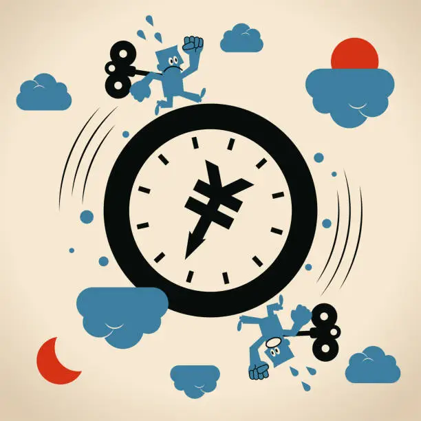 Vector illustration of Two blue men with a wind-up key on their back are running around a big clock with a Yuan or Yen sign (Chinese, Taiwanese or Japanese currency) hour hand (doing the same work, going around the circle) day after day